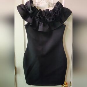 NWT - Boohoo Elegant Black Ruffle-Neck Bodycon Mini Dress - Size 10